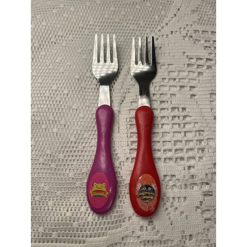 Lot of 2 Kids Forks Stainless Steel Child Utensils Frog‎ Bee Handles 2012 2013